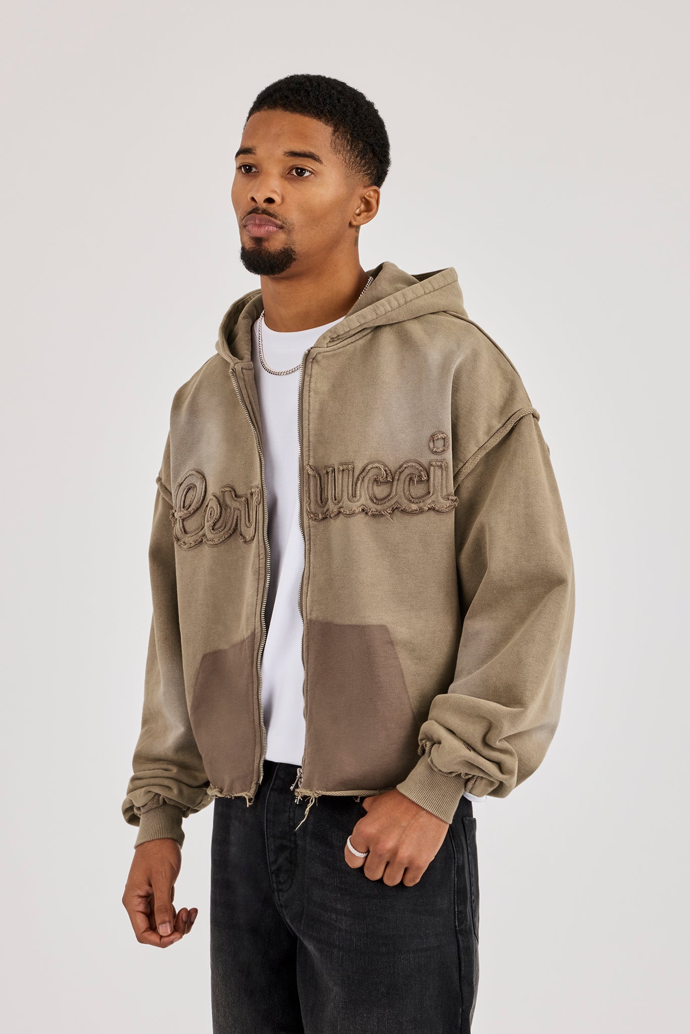 Washed Applique Zip Through Hoodie - Brown